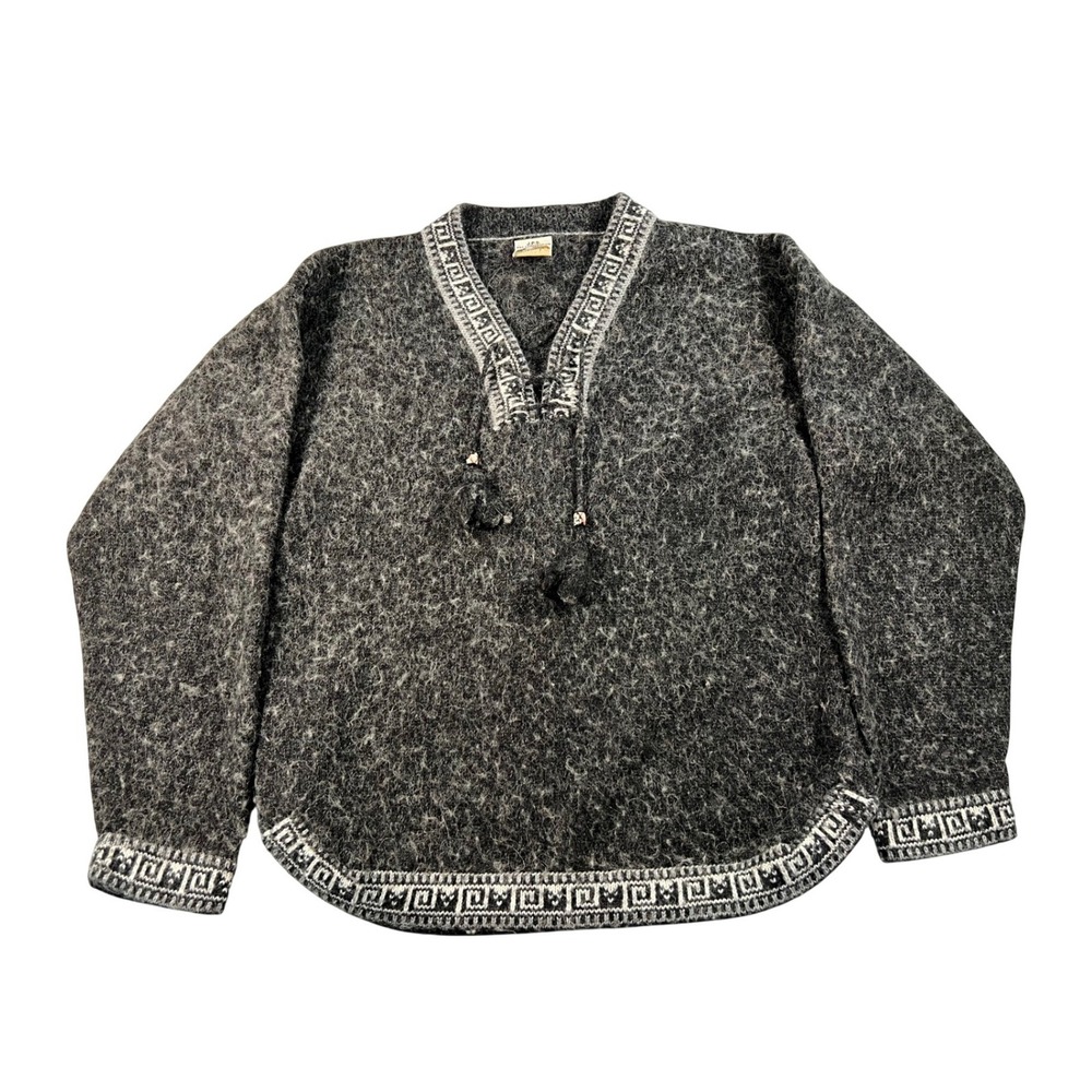 JPS Art Corp Alpaca Wool Sweater Womens S‎ Gray Geometric Peru Tassel V-Neck